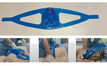 Top part of picture is a blue stretchy material lying flat on a surface and three images below in which a gloved hand is extended to remove a baby doll from plastic abdomen