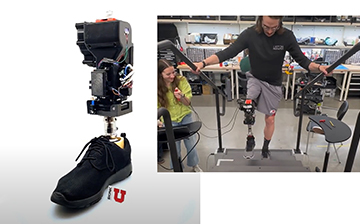 A prosthetic lower leg with a running shoe and image of a person outfitted with the prosthetic and stepping on stairs