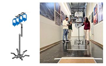 Illustration of a steel pole with hooks for intravenous bags alongside a photo of three people rolling a prototype of the device in a long hallway