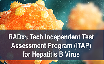 illustration of hepatitis B virus with text RADx Tech Independent Test Assessment Program (ITAP) for hepatitis B virus