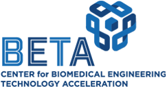 Blue letters BETA with the words Center for Biomedical Engineering Technology Acceleration underneath. A blue cube with infinity symbols around it.