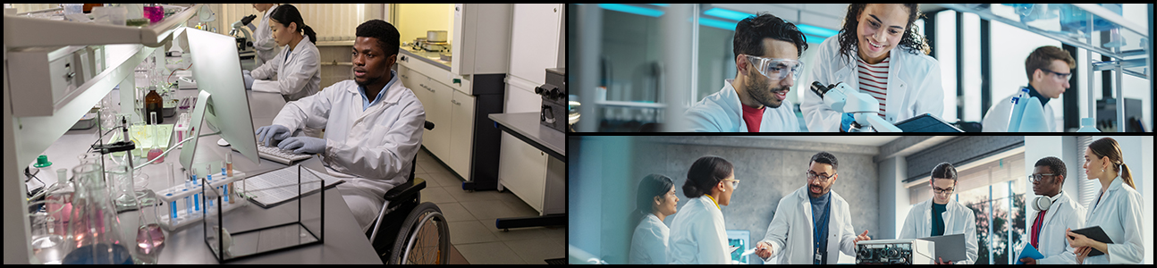 Three photos of diverse people in laboratory settings