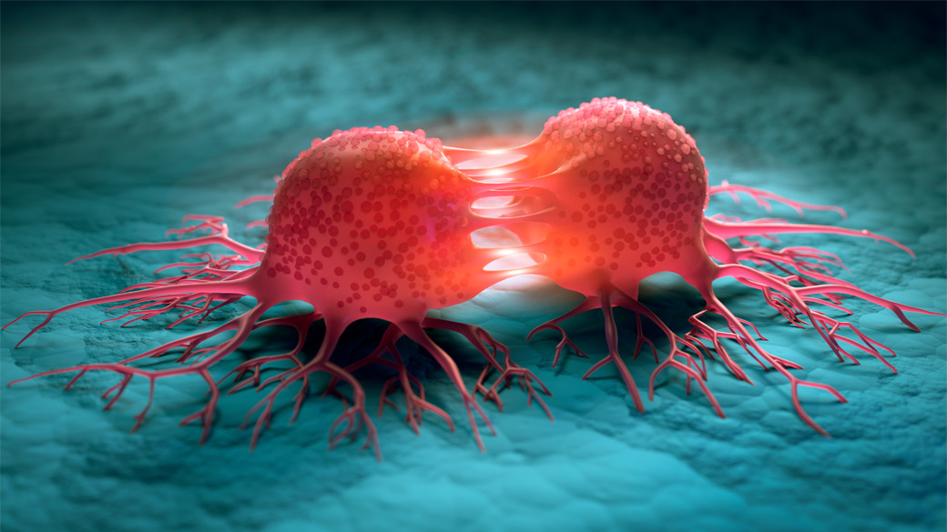 A 3D illustration of cancer cells dividing