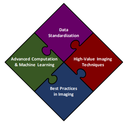 4 puzzle pieces form a diamond shape with each piece stating an area of focus in imaging research.  The four areas are data standardization, high-value imaging techniques, best practices in imaging, and advanced computation and machine learning.