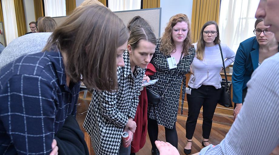 Congressional staff take a close-up look at phantom tissue and gels created by NIBIB’s Kaitlyn Sadtler.