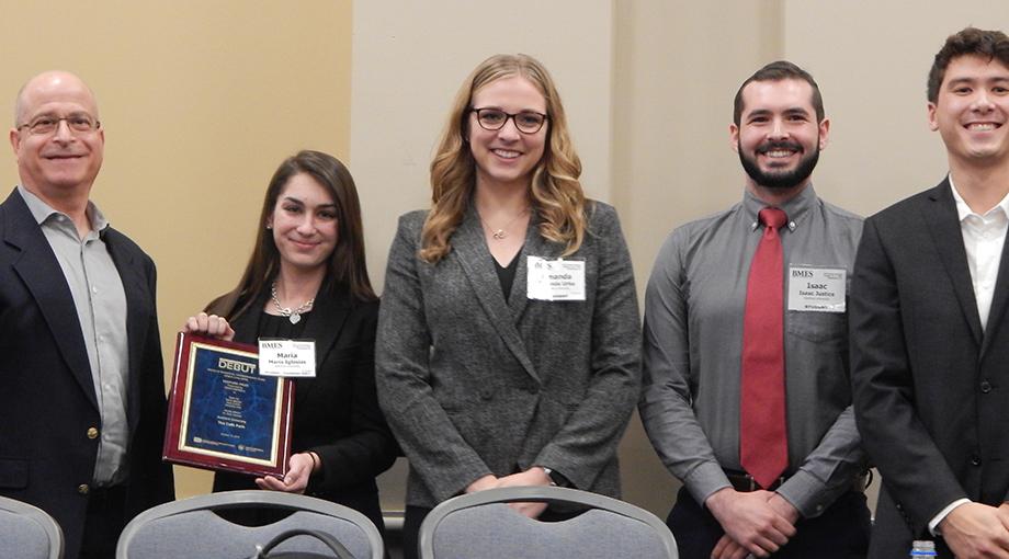 A VenureWell prize was awarded to a Stanford team for developing an assistive device to help women self-insert catheters correctly.  Left to Right: Phil Weilerstein, Maria Iglesias, Amanda Urke, Isaac Justice, Gabe Ho.