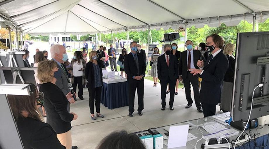 NIBIB Director Bruce Tromberg, who leads the RADx Tech/ATP  program at NIH, responds to a question posed by Senator Tammy Baldwin (Wisconsin). (NIBIB photo)