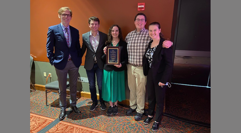 Team Happy Heart of Indiana University-Purdue University Indianapolis, winners of the Low-Resource Settings Prize ($15,000) provided by the National Institute of Minority Health and Health Disparities. Left to right: Dr. Bruce Tromberg, Nate Chesterson, Haley Gill, Joseph Bustamante, and Katelyn Murphy.