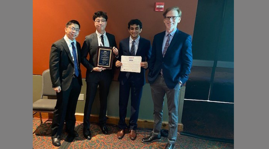 Team Equinox, Johns Hopkins University, winners of the NIBIB Steven H. Krosnick First Prize ($20,000). Left to right: Jerry Zhang, Stanley Zhu, Vivek Chari, Dr. Bruce Tromberg. Team members not pictured: Clara Cho, Janice Lin, Rahul Swaminathan, Valeria Wong, and Yuqi Zhang.