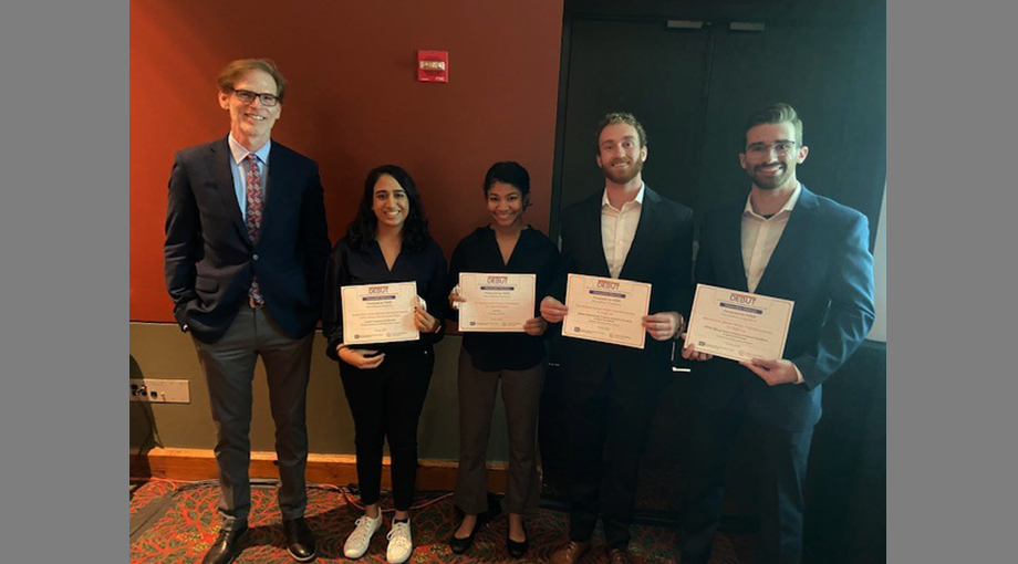 Honorable Mention Award winners ($1,000). Left to right: Dr. Bruce Tromberg; Ameera Patel (Team Trachare, Georgia Technical University); Joy Jackson (Team HairWare, Miami University); Ben McAteer and Chris Kannmacher (Team Bladder Volume Monitor; Purdue University). Not pictured: Tilt on the Toilet and Biospire from University of Rochester.