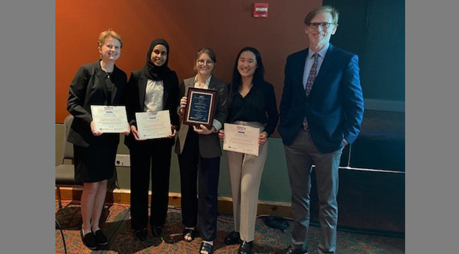 Team CERV of Columbia University, winners of the Third Place Prize ($10,000) provided by NIBIB. Left to right: Hannah Ballard, Aala Nasir, Emily Pogue, Joyce Liu and Dr. Bruce Tromberg. Team member not pictured, Kiarra Lavache.