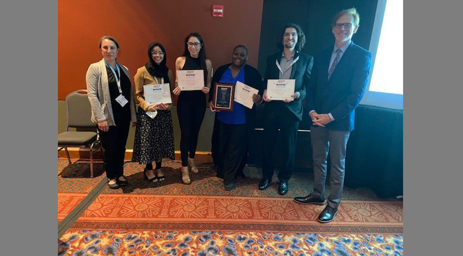 Team EMIT of Arizona State University, winners of the Venture Prize ($15,000) provided by VentureWell. Left to right: Dr. Rebekah Neal of VentureWell, Fabiha Firoz, Gabriella Estrada, Candace Pless, Anwar Gadhi, and Dr. Bruce Tromberg. Team member not pictured, Keiry Rodriguez-Jimenez.