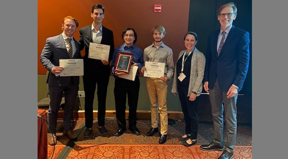 Team SteadiSpoon of Southern Methodist University and University of Oklahoma, winners of the Design Excellence Prize provided by VentureWell ($5,000). Left to right: Mason Morland, Raleigh Dewan, Ethan Trotter, Nicholas Houchin, Dr. Rebekah Neal of VentureWell, and Dr. Bruce Tromberg.