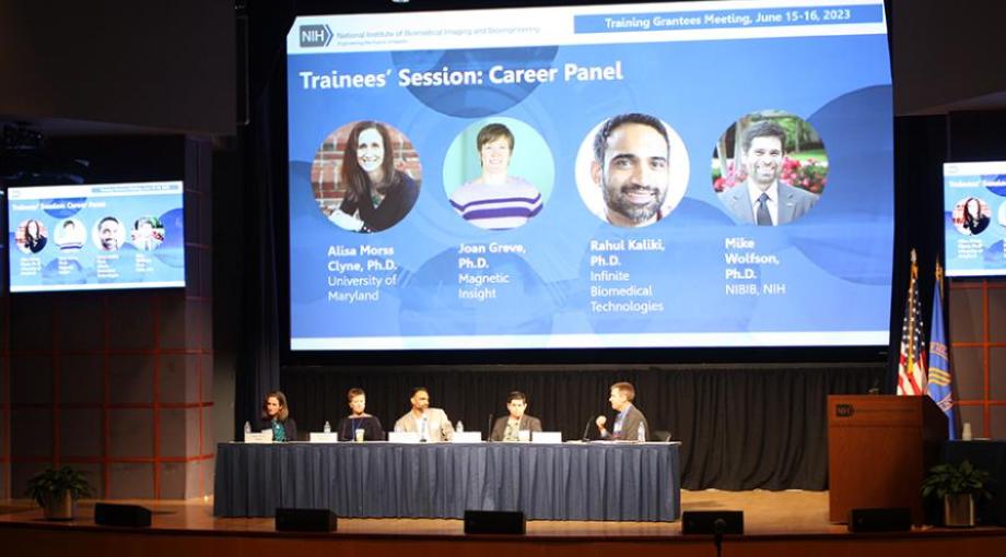 Dave Gutekunst, NIBIB Division of Interdisciplinary Training, at right, leads Career Session with panelists, from left, Alisa Morse Clyne, University of Maryland; Joan Greve, Magnetic Insight; Rahul Kaliki, Infinite Biomedical Technologies; and Michael Wolfson, NIBIB