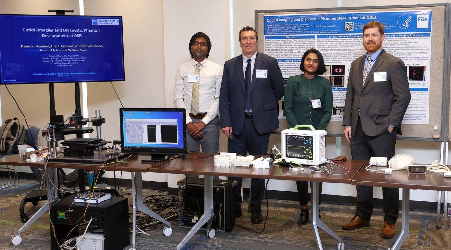 Presenters from the U.S. Food and Drug Administration (FDA) discussed optical imaging and diagnostic phantom development. Presenters L-R: Anant Agrawal, Daniel Hammer, Sandhya Vasudevan, and William Vogt.