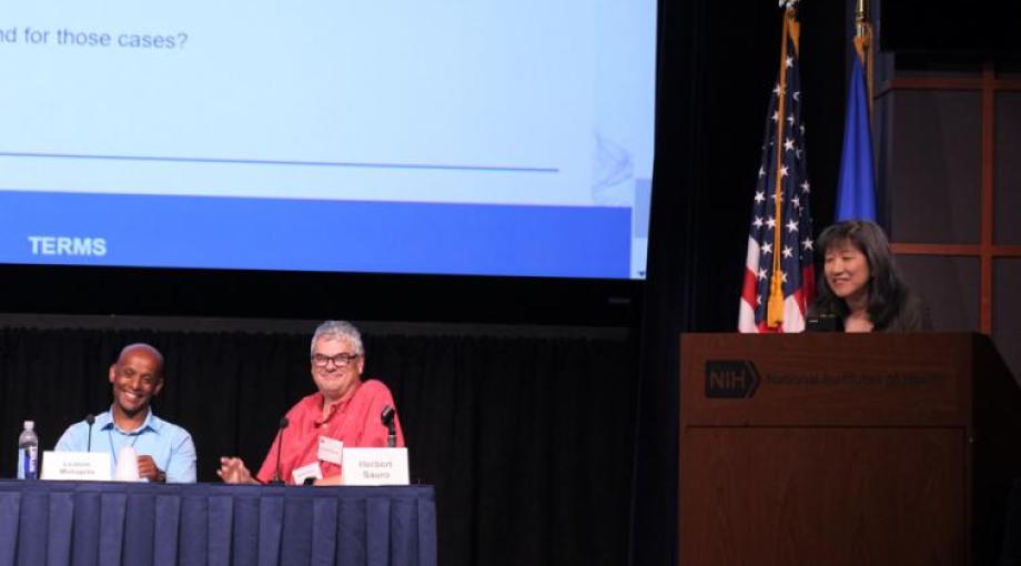 Panelists Lealem Mulugeta and Herbert Sauro; moderator Grace Peng