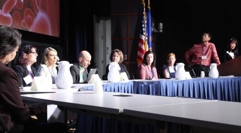 IMAG Roundtable discussion of current IMAG initiatives. IMAG members from left, Zhilan Feng, NSF; Ilana Goldberg, NHLBI; Emrin Horgusluoglu, NCCIH; Fred Leve, Air Force Office of Scientific Research; Virginia Pasour, Army Research Laboratory; Stephanie George, NSF; Elena Sizikova, FDA; Bruce Lee, CUNY (MSM co-organizer); and Grace Peng, NIBIB.