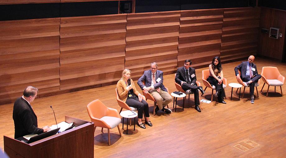 Panel on Building a MedTech Harbor, with, from left, moderator Bob Storey, JHU/NeuroTech Harbor; Christy Wyskiel, Johns Hopkins Technology Ventures; Henry Brem, JHU/Neurotech Harbor; Francesco Tenore, JHU Applied Physics Lab; Samantha Tabone, Empath Ventures; Ralph Etienne-Cummings, JHU/Neurotech Harbor.