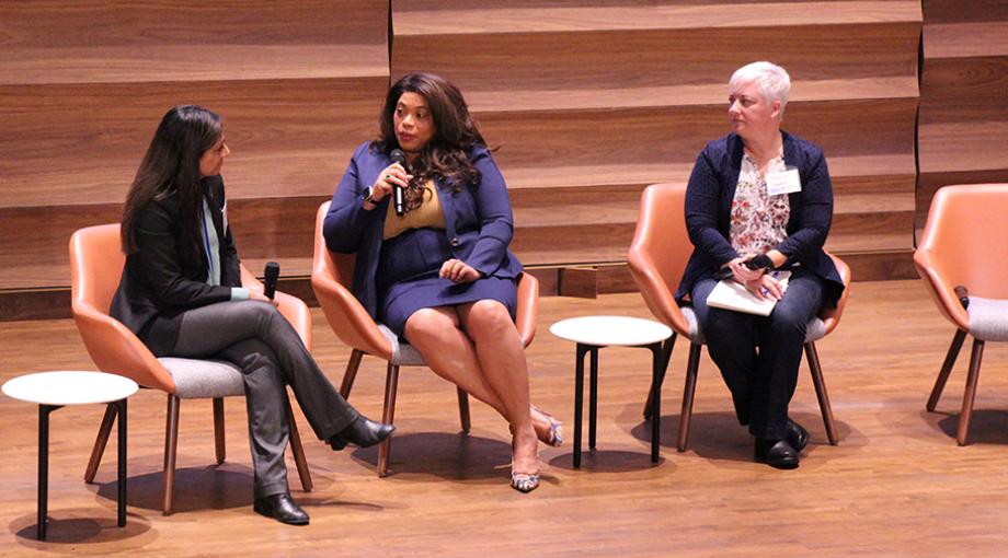 Panel on Challenges and Opportunities in Medtech Development in Epilepsy, with, from left, Annabel Segarra, Ph.D., Professor &amp; Interim Dean of Research, University of Puerto Rico; Bernice Martin Lee, President, Epilepsy Foundation; and Brandy Fureman, Ph.D., Chief Outcomes Officer, the Epilepsy Foundation.