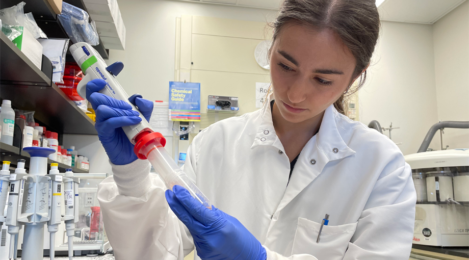 A photo of intern Alessandra Coogan using a pipette in the immunoengineering lab