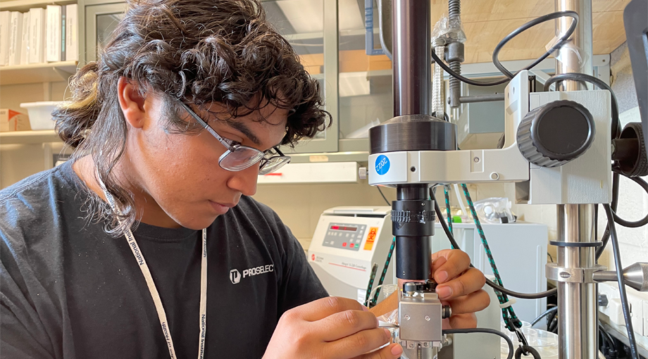 A photo of intern Jacob Arras using an atomic force microscope in the BEPS lab